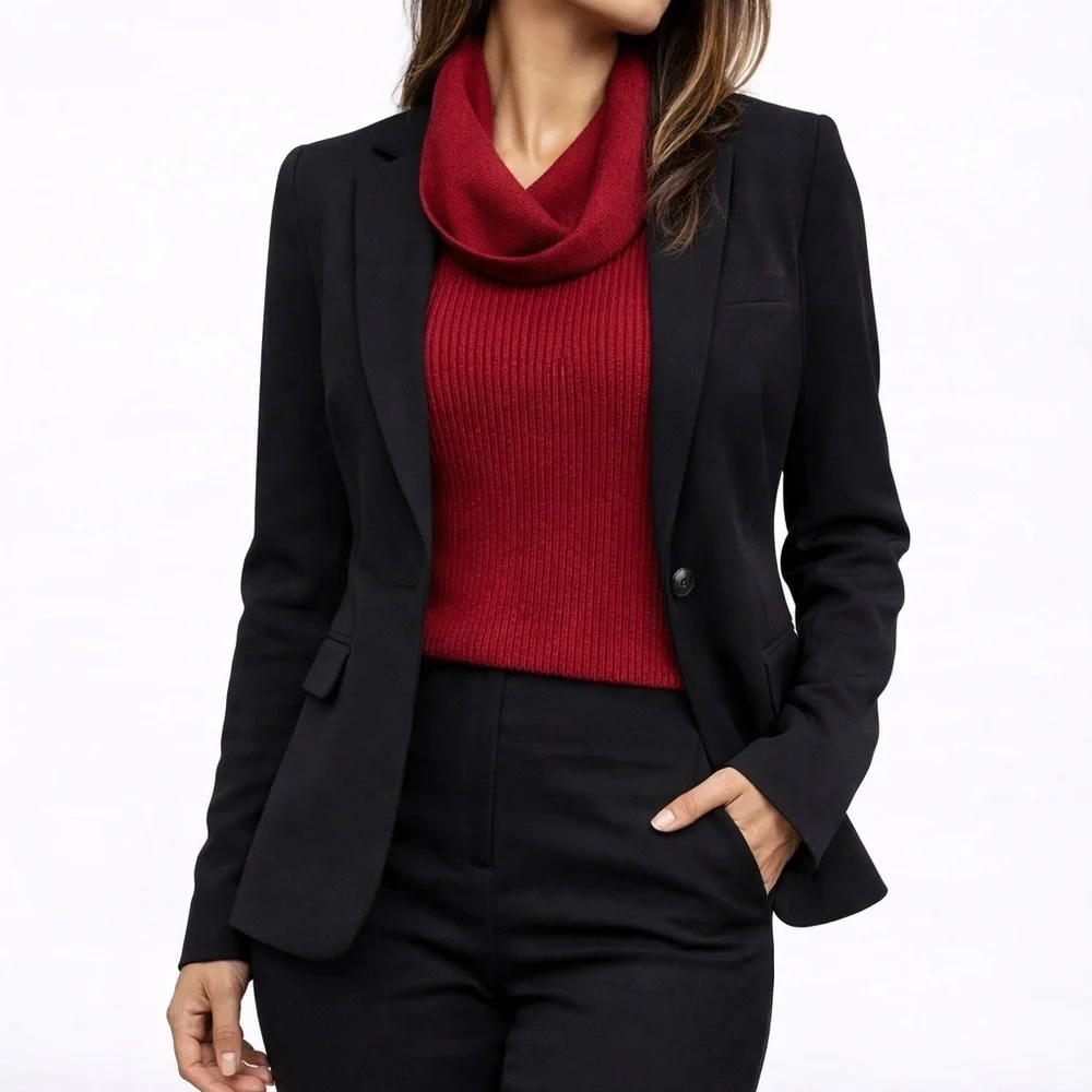 Ribbed Red Cowl Neck Tunic Sweater Women’s Medium Parisian Chic Minimalist